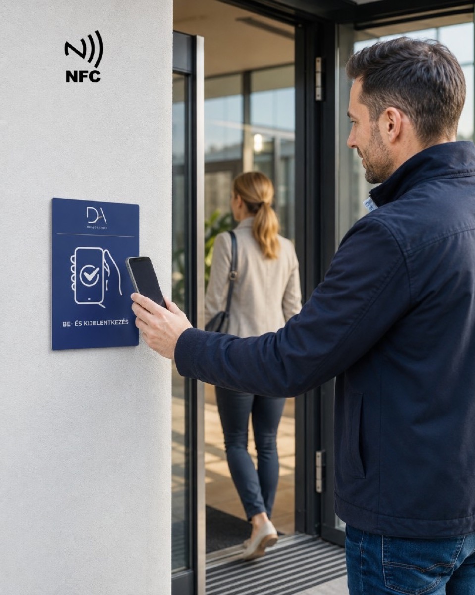 Medarbetare checkar in och ut med NFC-skylt i The Work App